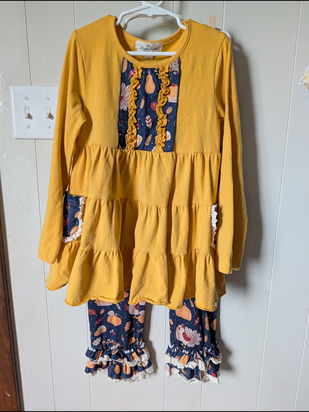 Mustard Yellow Tiered Ruffle Kids Top And Pant Set with Navy Fall Print